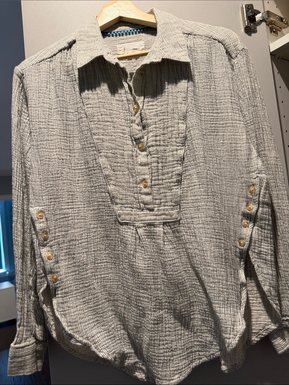 Anthropologie Light Gray Textured Button-Front Blouse
